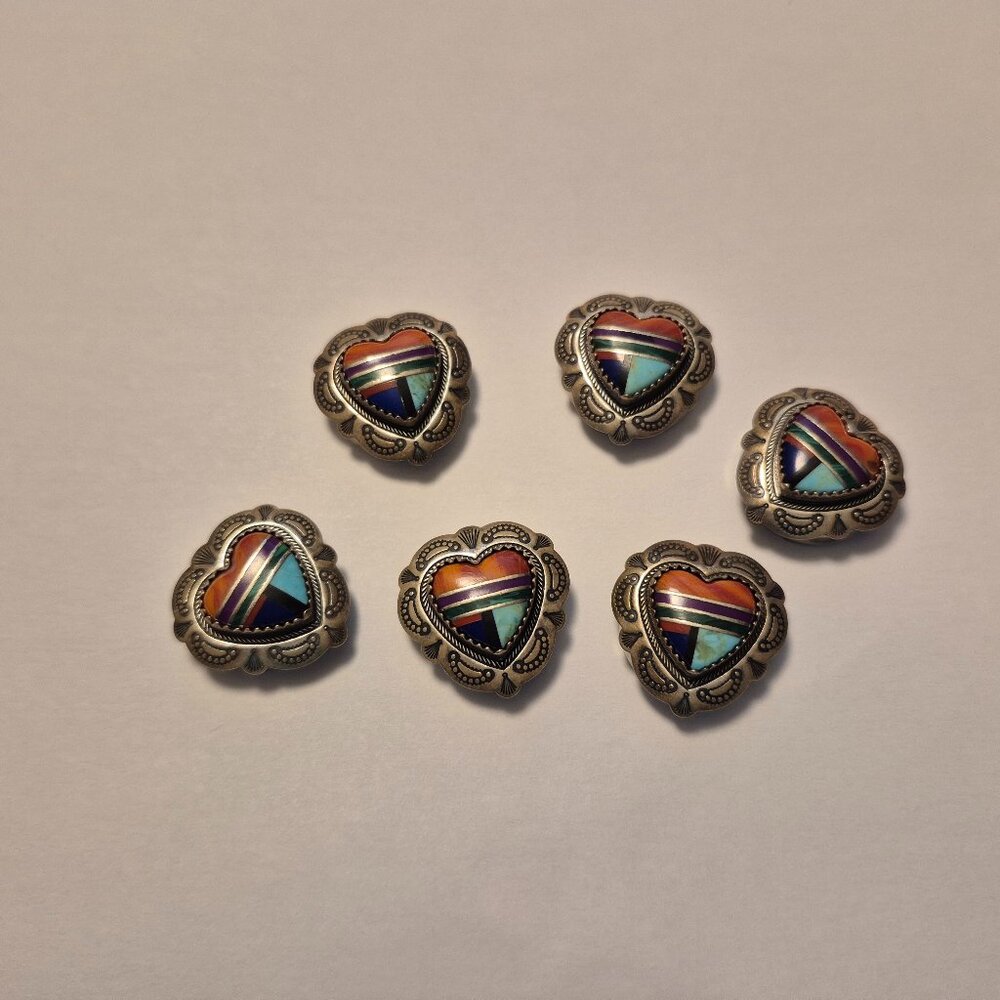 Vintage set of 6 sterling silver southwestern navajo heart button covers